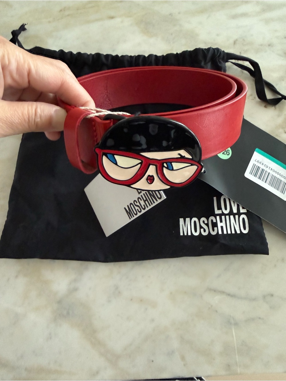 Authentic NWT Love Moschino Red Leather Belt with Character Face Buckle